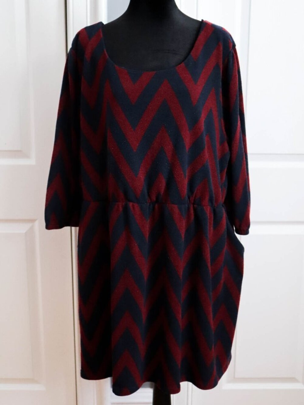 ModCloth Pink Owl Plus 4X Babydoll Dress w/ Pockets Chevron Burgundy Navy Boho